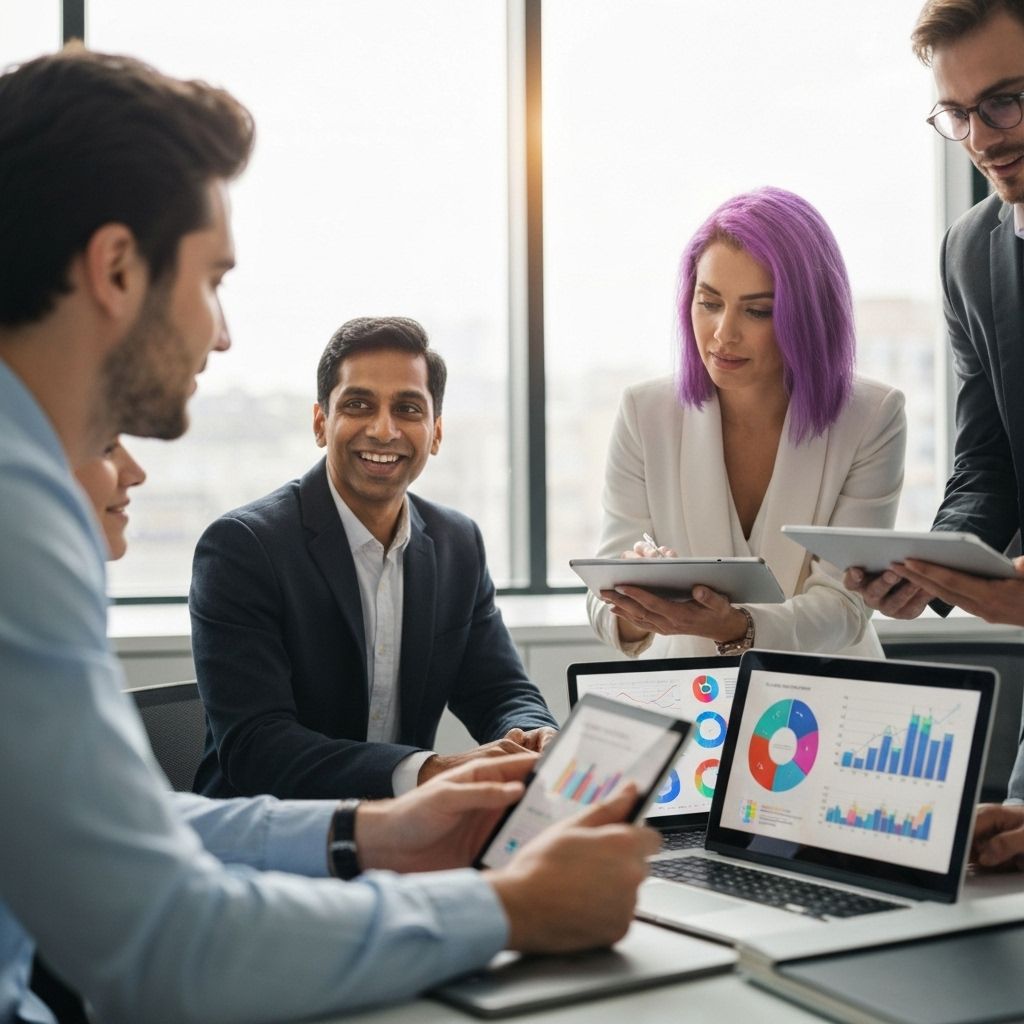 Business professionals discussing analytics